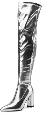 TNMIUH Stivali Donna sopra Il Ginocchio in Pelle Metallizzata, Argento e Oro, 8.5cm Tacco Largo, Stile Glamour, Festa di Moda, Sfilata di Moda, Discoteca,Argento,36 EU