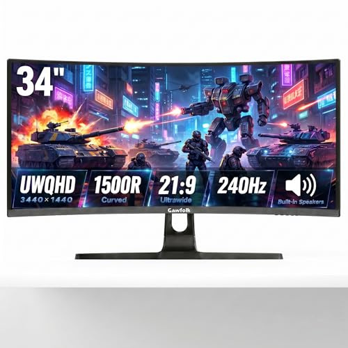 Gawfolk Monitor de juego curvo ultra ancho de 34 pulgadas, WQHD 21:9 3440 x 1440 240Hz Curvo 1500R Monitor de computadora PIP/PBP, 1 ms (MPRT) 127% sRGB, HDMI y DP, inclinación ajustable, panorámica