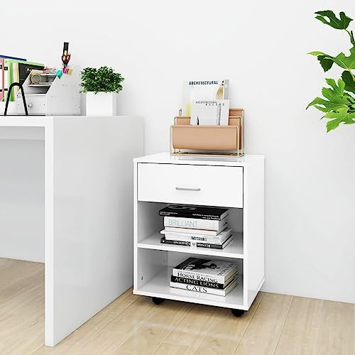HFXHIJXQ Rollcontainer Hochglanz Weiß 46x36x59 cm Holzwerkstoff Büro Stauraum für Drucker & Papier mit 2 feststellbaren Rollen Modernes Design für Home Office Küche Flur