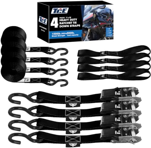 TCE Ratchet Tie Down Straps Set with Coated S Hook 680KG Break Strength, 4 Pack Black Ratchet Straps Heavy Duty with 4x Soft Loops Padded Handles, 2.5 X 38cm Tie Straps Fits for Moving Appliances
