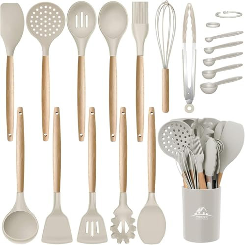 MIBOTE Juego de utensilios de cocina de silicona con soporte, asas de madera, sin BPA, no tóxicas, pinzas giratorias, espátula, cuchara, utensilios de cocina antiadherentes (caqui)