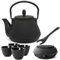 Teekanne asiatisch Gusseisen Set 0.8 Liter - kleine schwarze Gusskanne mit Henkel & Edelstahl Tee-Filter Sieb-Einsatz für losen Tee & 4 Teebecher (Tassen) & Stövchen &Deckelheber
