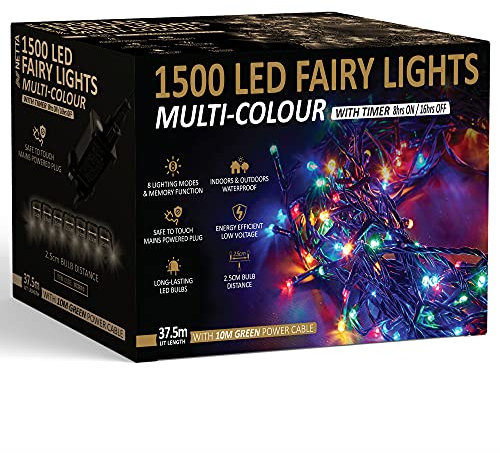 Christmas Tree Lights 1500 LED 37.5m Multi-Colour - 2.5cm Bulb Distance Fairy String Lights Plug in with Timer and Memory Functions - Suitable for Outdoor/Indoor Use