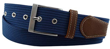 TigerTie hochwertiger Stoffgürtel mit Edelstahl Schnalle und echt Leder Applikationen in blau dunkelblau einfarbig. Gürtelbreite 40 mm, Bundweite 90 cm