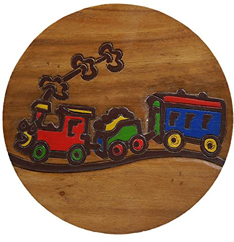 ART-CRAFT Vielseitiger Kinderhocker Holzhocker rund aus Massivholz Tiermotiv Eisenbahn mit vielen Einsatz Möglichkeiten