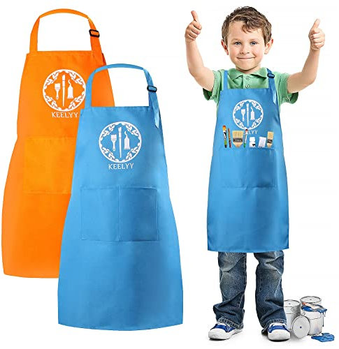 KEELYY Malschürze Kinder, 2 Stück Schürze Kinder mit Taschen, Kochschürze Kinder Jungen Mädchen, Verstellbare Kleinkind Schürzen für Malen Basteln Backen Kochen, 7-12 Jahre (Blau und Orange)