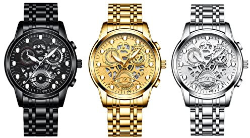 JewelryWe 3 PCS Herrenuhr Quarz Analog Armbanduhr 30M Wasserdicht Edelstahl Armband Business Causual Uhr mit Kalender und Leuchtend Zeiger Vatertagsgeschenk, Schwarz Gold Silber