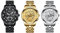 JewelryWe 3 PCS Herrenuhr Quarz Analog Armbanduhr 30M Wasserdicht Edelstahl Armband Business Causual Uhr mit Kalender und Leuchtend Zeiger Vatertagsgeschenk, Schwarz Gold Silber