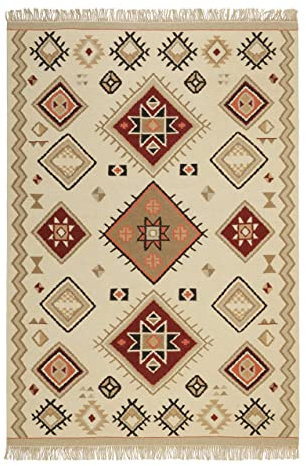 Kelim Teppich handgewebt - Naturfaser Läufer & Teppiche bestens geeignet fürs Wohnzimmer & Schlafzimmer, Handwebteppich & Wollteppich, nachhaltig & hochwertig, 160 x 230 cm, Creme Beige Rot - Brionne