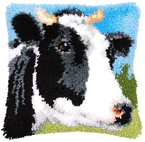 VIONNPPT Karikatur Tier Knüpfkissen für Kinder Erwachsene, Deko Kissenbezug Knüpfteppich Zum Selber Knüpfen DIY Kissen Latch Hook Kit,43cmX43cm (Kühe)