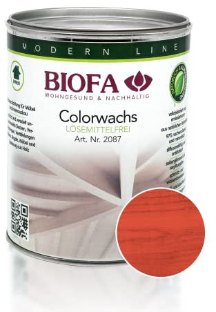 BIOFA Colorwachs lösemittelfrei farbig natürliche Holz-Wachs-Lasur mit Carnaubawachs für Holzdecken, Möbel, Spielzeug Rot 1L