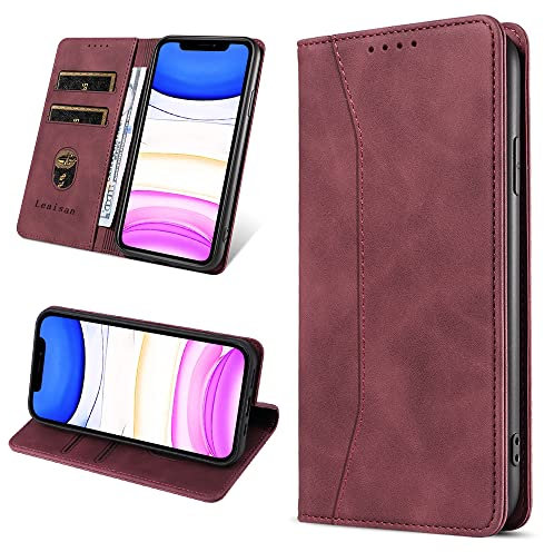 Leaisan Handyhülle für iPhone 11 Hülle Premium Leder Flip Klappbare Stoßfeste Magnetische [Standfunktion] [Kartenfächern] Schutzhülle für iPhone 11 Tasche - Wein Rot