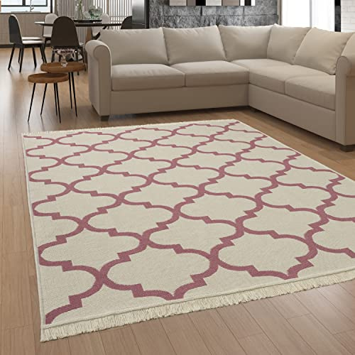 Paco Home Teppich Wohnzimmer Schlafzimmer Boho Design Waschbar Bis 30 Grad Skandinavisch Mit Fransen Wendbar Moderne Deko, Grösse:160x220 cm, Farbe:Pink