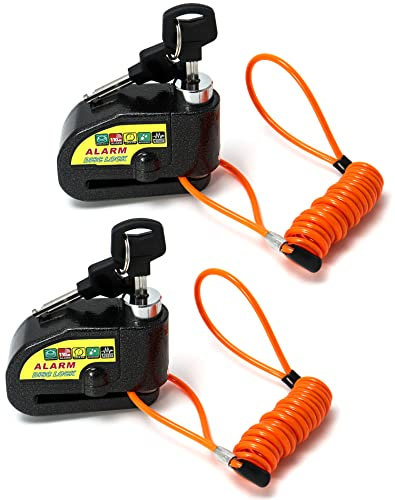 QWORK 2 Pack Motorcycle Alarm Padlock, 110db Alarm Sound, Anti-Theft Security Wheel Disk Lock with 5ft Reminder Cable, for Motorcycles Bikes Scooter