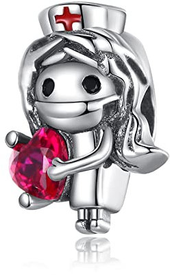 Amuefer Nurse Charms für Armbänder Halsketten 925 Sterling Silber Bead Anhänger Rosa Zirkon Herz Schmuck Geschenk für Frauen Mädchen Freund