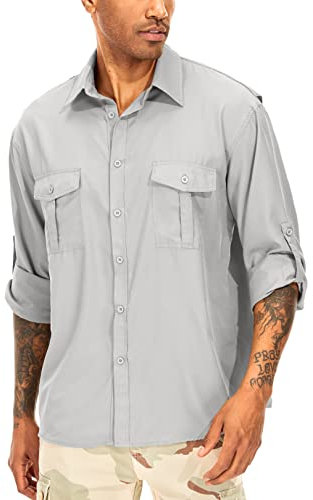 yeyity Herren Hemd Langarm Outdoor Freizeithemden für Herren UPF50+ UV-Schutz Safari Hemd Schnelltrocknendes Funktionshemd für Wandern Angeln Trekking.(5065,Grey01,L)