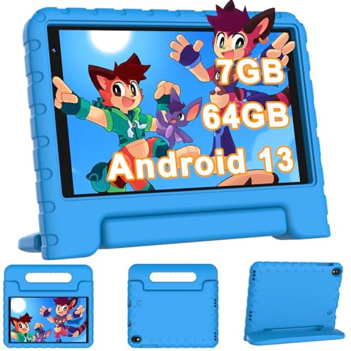 YESTEL Tablet Bambini 8 Pollici Android, 7GB RAM 64GB ROM 1TB Espandibile, WiFi 6 BT 5.0, 5MP+2MP, 3600mAh, 1280 * 800, GPS, Controllo Parentale, Apprendimento Educazione, Tablet PC con Custodia, Blu