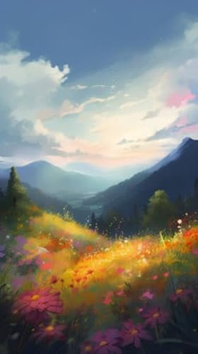 adrium Acryl-Bild 60 x 110 cm: Blumenwiese in den Bergen bei Sonnenuntergang. Digitale Zeichnung. (201387414)