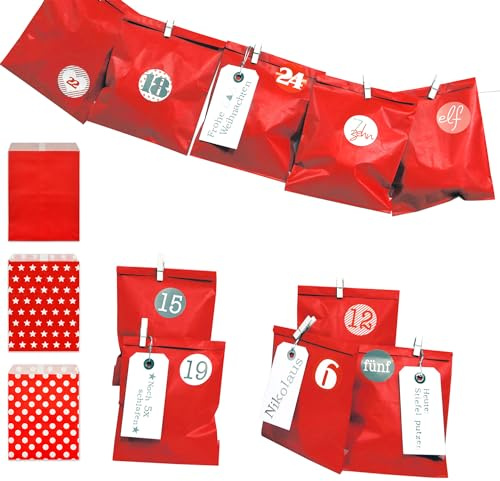Frau WUNDERVoll® DIY Adventskalender zum Befüllen Bescherung, Papiertüten rot 13x16,5cm, Ziffern rosa rot/Weihnachten Aufkleber Advent Kalender Kinder