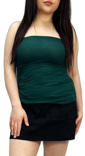 HUBIBUBI Women Ladies Ruched Bandeau Boob Tube Vest Crop Bra Top | Sexy Strapless Ruched Boob Tube | Stretchy Elastic Crop Top | Multiple Colors | Sizes 8-26 Bottle Green
