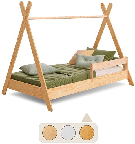 smartwood Tipi Kinderbett 90x200 mit Lattenrost und Rausfallschutz - Montessori Hausbett für Jungen und Mädchen - Bett aus Kiefernsperrholz mit Rausfallschutz und Lattenrost - 200x90 - Lackiert