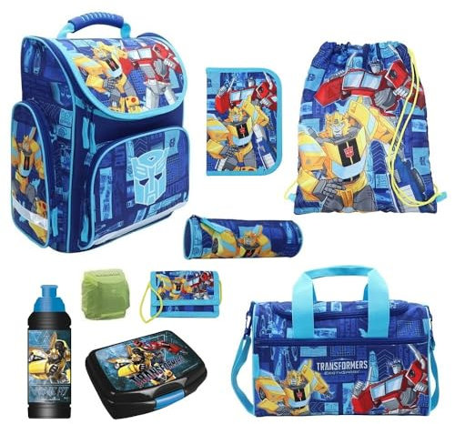 Familando Transformers Schulranzen 1. Klasse für Jungen und Mädchen · ergonomischer Tornister · Jungs Schultaschen-Set (9-teilig mit Sporttasche)
