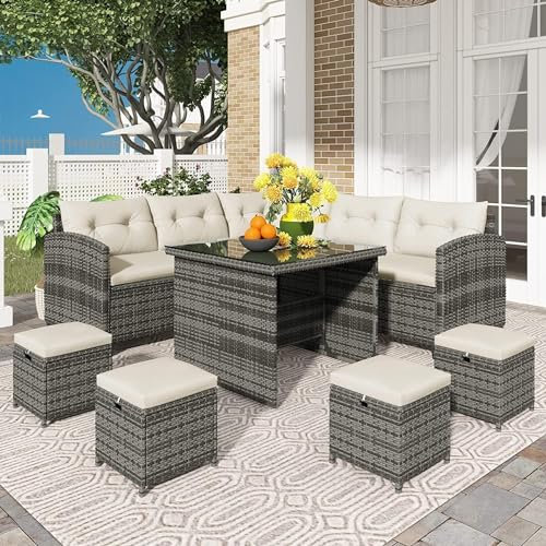 Polyrattan Lounge mit Ecksofa, Esstisch, 4 Hocker & Kissen - wetterfest bis 6-10 Personen - Rattan Garten Sitzgruppe Gartenlounge Gartenmöbel Set (Grau-Beige)