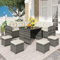 Polyrattan Lounge mit Ecksofa, Esstisch, 4 Hocker & Kissen - wetterfest bis 6-10 Personen - Rattan Garten Sitzgruppe Gartenlounge Gartenmöbel Set (Grau-Beige)