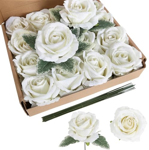 IPOPU 16pcs White Glitter Roses Artificial Flowers 3.93 Velvet Rose Fake Flower with Glitter for DIY Wedding Bouquet Home Party Garden Table Centerpieces Decorations