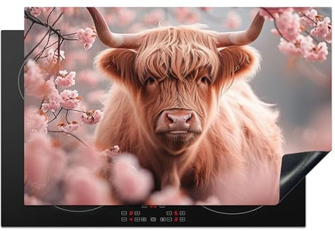 KitchenYeah© Herdabdeckplatte Einteilig Ceranfeld Abdeckplatte Küche Deko Ceranfeldabdeckung Herdabdeckung Induktionsmatte Schottisches Hochlandrind - Blüte - Rosa - Kuh - 81x52 cm