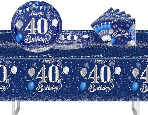 37Pcs Kit Vaisselle Anniversaire 40 Ans, Bleu Argent Vaisselle de Fête, Papier Assiette Jetable Serviette Nappe pour 40 Ans Anniversaire Homme Femme Fête Mariages Décorations 16 Invités