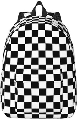 KoNsev Schwarz-weiß karierte Rucksäcke für Mädchen und Jungen, modisch, lässig, Tagesrucksack, Reisen, Uni, Lehrer, Schwarz , M