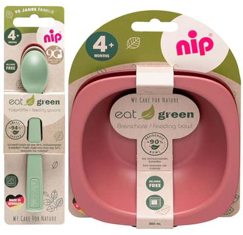NIP Eat Green Geschirrset ab 4. Monat, 2 Breischale + 3 Eat Green öko bio Babylöffel,Top Qualität Melamin frei, BPA frei, Spülmaschinenfest, geeignet für die Mikrowelle, made in Germany