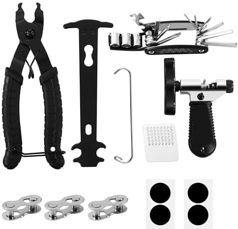Kit Bicicleta. Multiherramienta Bicicleta 16 en 1, Tronchacadenas Bicicleta de 3 Piezas, 3 Pares de bloqueadores de Cadena (6-7-8, 9, 10 velocidades), 1 Kit Repara Pinchazos Bicicleta