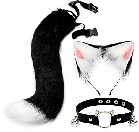 CGVG Katzenkostüm 3 Stück Katzen Kostüm Katzenohren Haarreif Halsband Katzenschwanz Halloween Katzenkostüm für Erwachsener Damen Frauen Tierkostüm für Halloween Cosplay Party