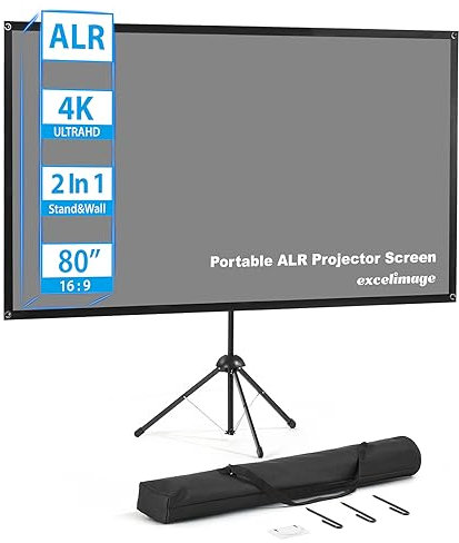 Portable Projector Screen and Stand, ALR Projector Screen, 80 Inch 16:9, Projection Screen Outdoor, High Contrast, Work In Ambient Light, Compact Size, Easy Setup, Idea for Home Cinema, Backyard Party