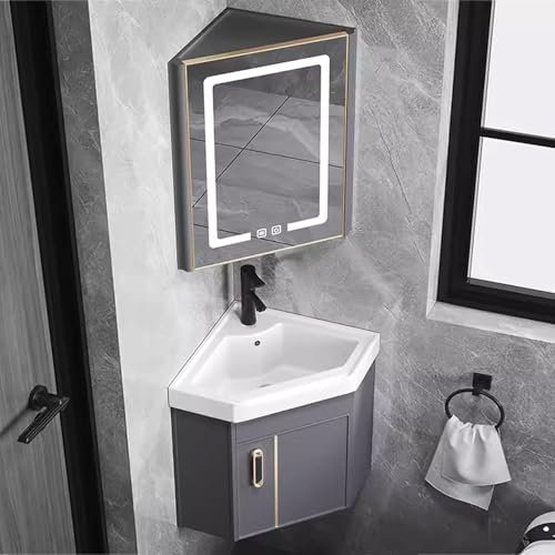 DYUNCZ Eckwaschtisch für Badezimmer mit Waschbecken und LED-Spiegelschrank, Eckwaschbecken mit Unterschrank, Waschbeckenunterschrank Hängend, Waschbecken Set für Kleine Räume (Grau, 38cm/15)