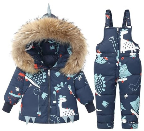 Acuryx Tuta da Sci Stampata 2 Pezzi da Unisex Bambino Piumino con Cappuccio Pellicia Removibili + Salopette da Neve Invernale Antovento Impermeabile Blu 2-3 Anni