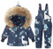 Tuta da Sci Stampata 2 Pezzi da Unisex Bambino Piumino con Cappuccio Pellicia Removibili + Salopette da Neve Invernale Antovento Impermeabile Blu 2-3 Anni