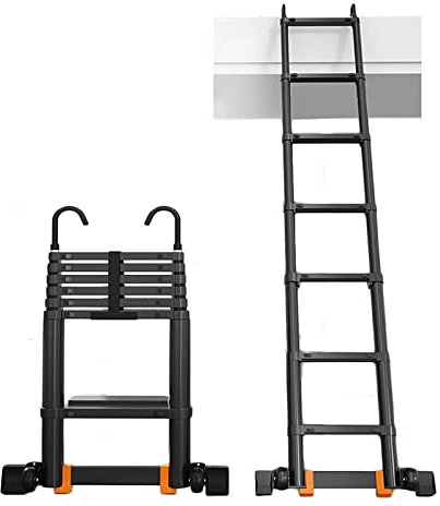 QINNIE 7,5-18 Fuß Teleskopleiter, Aluminium-Ausziehleiter, Dachbodenleiter, 330 Pfund Tragkraft, mit abnehmbarem Haken und Stabilisatorstange, leichte zusammenklappbare Leiter, für Zuhause, Wohnmob
