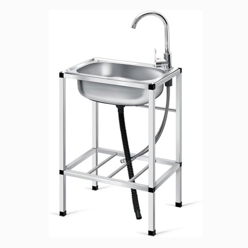 Kleines Spülbecken für Garten Freien, Einzeltrog zum Waschen, Edelstahl-Waschbecken Ausgussbecken für die Küche mit Ablage und Wasserhahn, für Restaurant, Bar, Waschküche, Garage, Hinterhof(18.9*13.7*