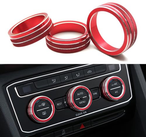 CHENNAN 3 Stück Auto Klimaanlage Schalter Knopf Dekoration Ring AC-Schalter Knopf Ring Abdeckung Innenraum-Aluminium-Klimaanlage Auto Klimaanlage Lautstärkeregler Dekoration Passend zu VW (Rot)