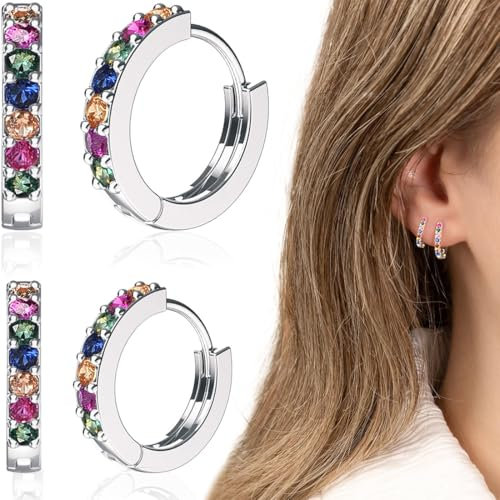 WOZNU Ohrringe Creolen Colors Silber Ohrringe set mit Zirkonia AAA+ Hypoallergen Klein Creolen Schlafen Ohrringe Creolen Damen Schmuck 6/7MM
