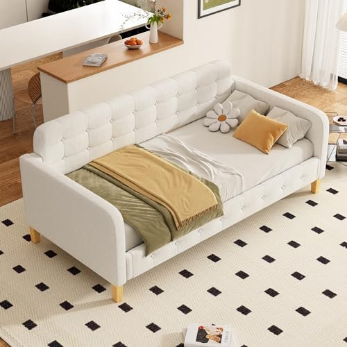 KAZZIO 90x200cm Sofabett, Tagesbett, Knopfnagelverzierung, einfach und stilvoll (Beige)