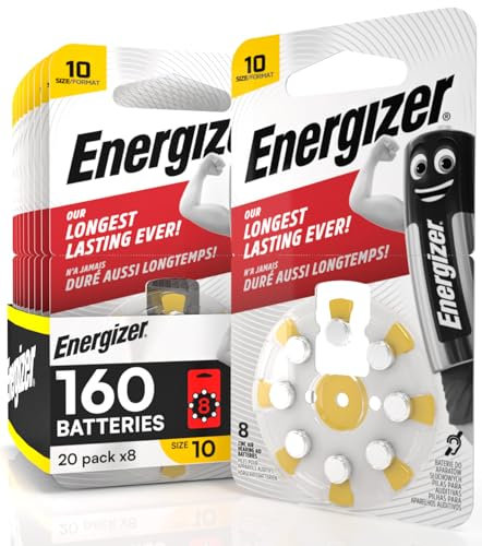 160 pilas acústicas Energizer para audífonos, tamaño 10, color amarillo, sin mercurio, 20 paquetes de 8 pilas