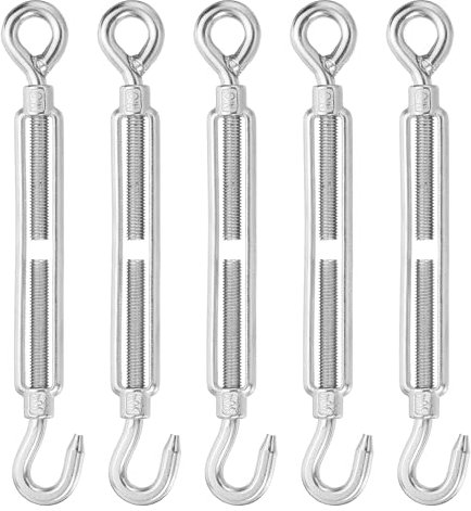 sourcing map M10 Hook and Eye Turnbuckles for Cable Wire Rope Tension, 304 Stainless Steel Turnbuckle Adjustable for Shade Sail String Light Hanging Pack of 5