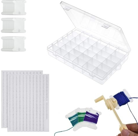 XiyaxiVici Aufbewahrungsbox für Stickgarn mit 36 Fächern und 150 Zahnseide Spulen und Aufkleber für Handwerk DIY Stickerei Nähen Lagerung 27,3x17,6x4,3 cm