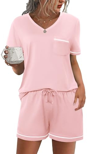 Litherday Pyjama Femme Ensemble de Pyjama Été Vêtement de Nuit Coton Col en V à Manches Courtes d'Intérieur 2 Pièces avec Poches