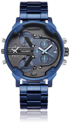 FENKOO Herren Armbanduhren Militäruhren 6820 Goldene Dual Time Zone Edelstahluhr Japanisches Uhrwerk Quarzuhren