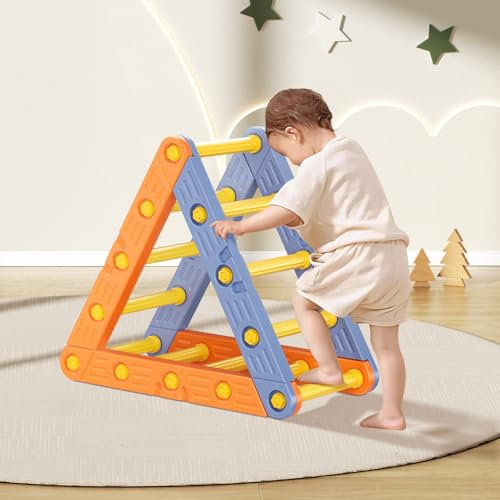 Lischwert Montessori Klettergerüst Set, Indoor Kletterdreieck mit Dreieckiges Klettergerüst,Halbkreis, Rutsche aus Kunststoff Kletterturnhalle für Babys (PJ001-Orangeblau)